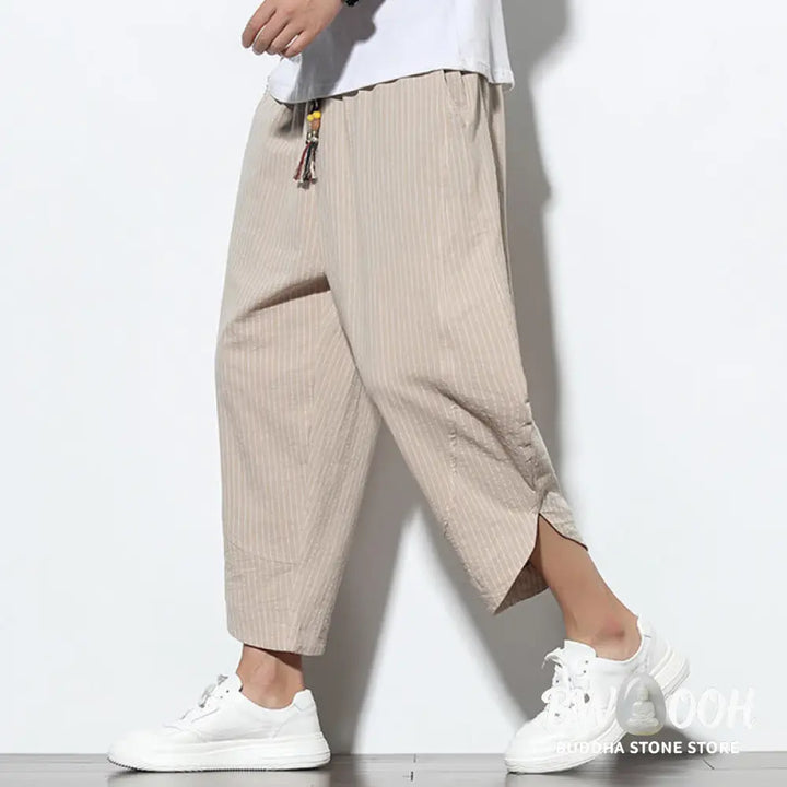 Buddha Stones Summer Stripes Pattern Drawstring Cotton Linen Men’s 7-8 Length Harem Pants With Pockets - Men’s Tapered