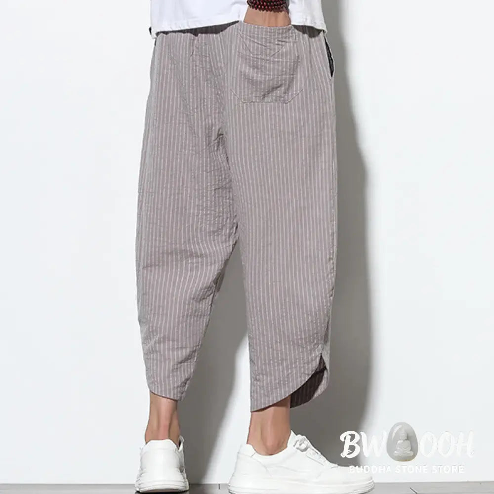 Buddha Stones Summer Stripes Pattern Drawstring Cotton Linen Men’s 7-8 Length Harem Pants With Pockets - Men’s Tapered
