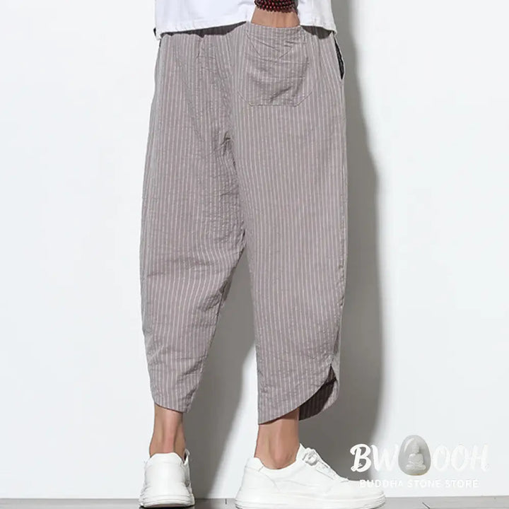 Buddha Stones Summer Stripes Pattern Drawstring Cotton Linen Men’s 7-8 Length Harem Pants With Pockets - Men’s Tapered