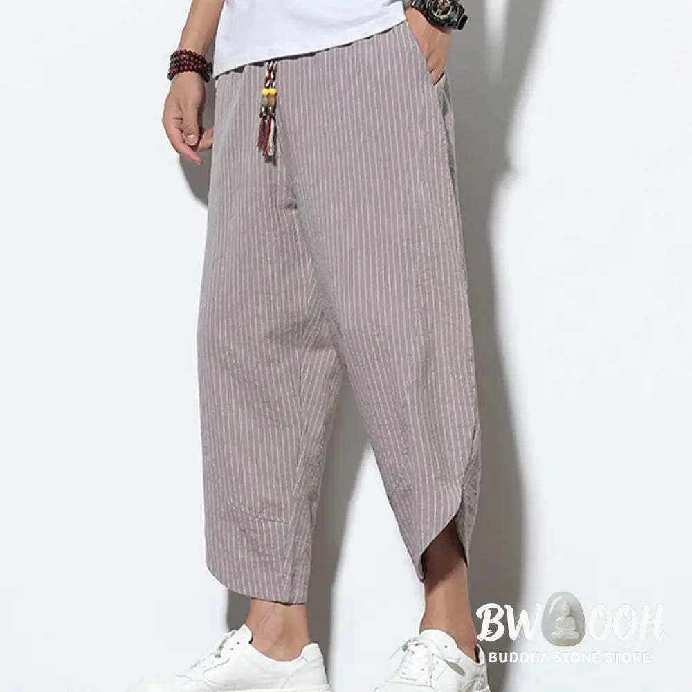 Buddha Stones Summer Stripes Pattern Drawstring Cotton Linen Men’s 7-8 Length Harem Pants With Pockets - Men’s Tapered