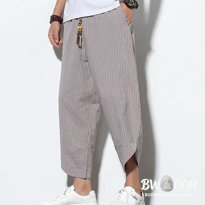 Buddha Stones Summer Stripes Pattern Drawstring Cotton Linen Men’s 7-8 Length Harem Pants With Pockets - Men’s Tapered