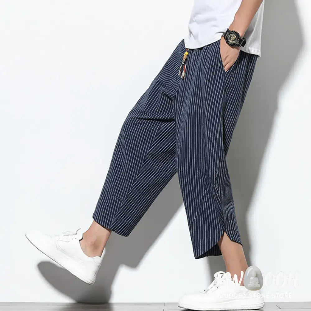 Buddha Stones Summer Stripes Pattern Drawstring Cotton Linen Men’s 7-8 Length Harem Pants With Pockets - Men’s Tapered