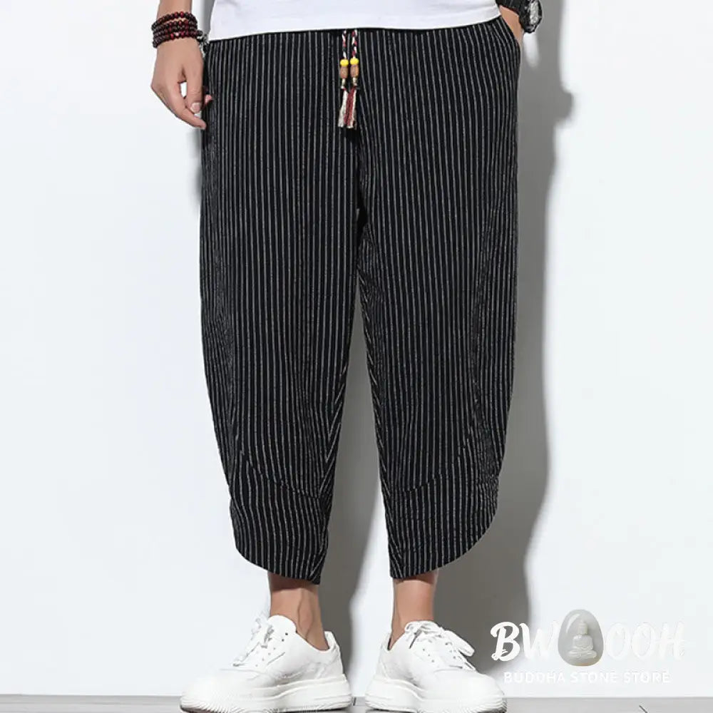Buddha Stones Summer Stripes Pattern Drawstring Cotton Linen Men’s 7-8 Length Harem Pants With Pockets - Men’s Tapered