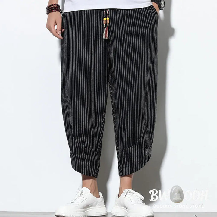 Buddha Stones Summer Stripes Pattern Drawstring Cotton Linen Men’s 7-8 Length Harem Pants With Pockets - Men’s Tapered