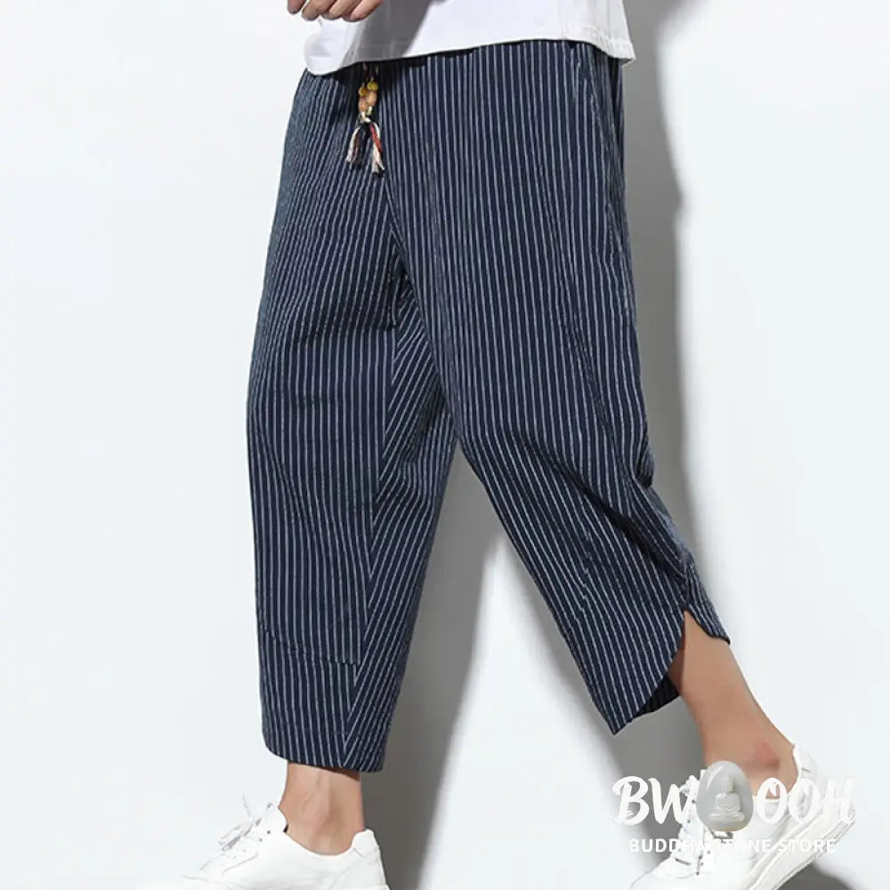 Buddha Stones Summer Stripes Pattern Drawstring Cotton Linen Men’s 7-8 Length Harem Pants With Pockets - Men’s Tapered