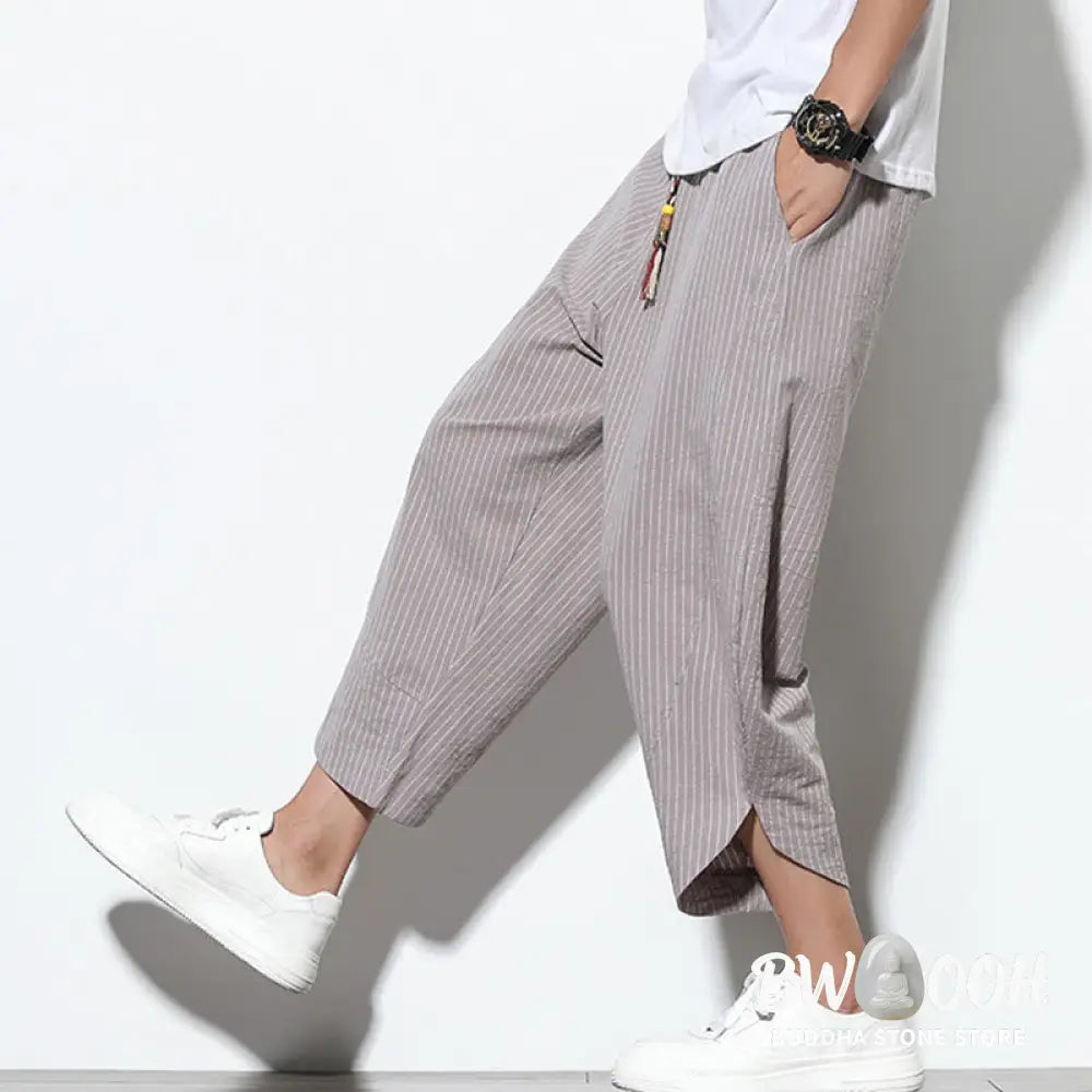 Buddha Stones Summer Stripes Pattern Drawstring Cotton Linen Men’s 7-8 Length Harem Pants With Pockets - Men’s Tapered