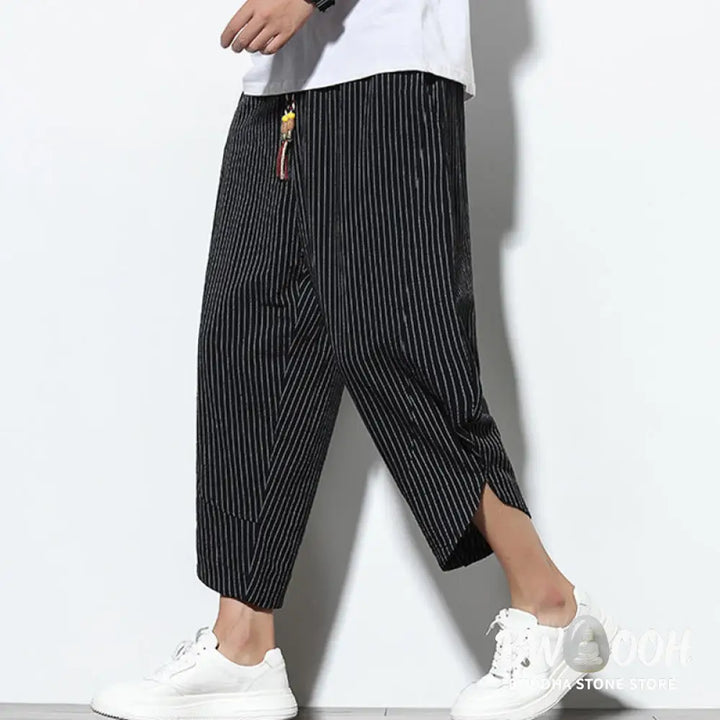 Buddha Stones Summer Stripes Pattern Drawstring Cotton Linen Men’s 7-8 Length Harem Pants With Pockets - Men’s Tapered