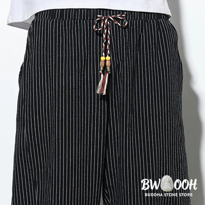 Buddha Stones Summer Stripes Pattern Drawstring Cotton Linen Men’s 7-8 Length Harem Pants With Pockets - Men’s Tapered