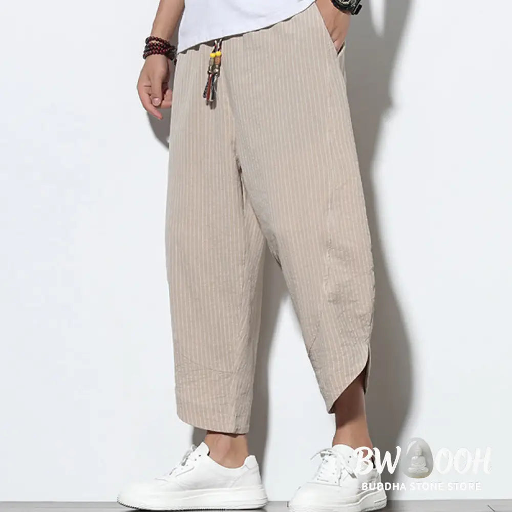 Buddha Stones Summer Stripes Pattern Drawstring Cotton Linen Men’s 7-8 Length Harem Pants With Pockets - Men’s Tapered