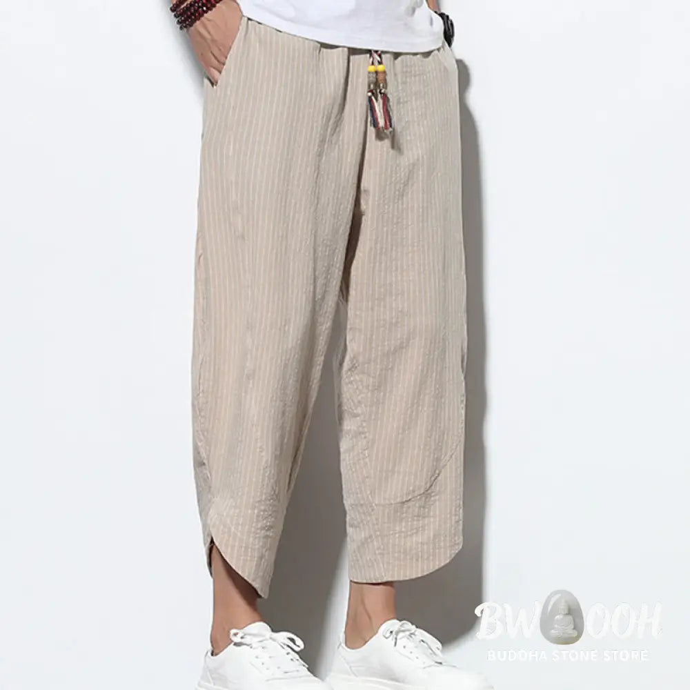 Buddha Stones Summer Stripes Pattern Drawstring Cotton Linen Men’s 7-8 Length Harem Pants With Pockets - Men’s Tapered