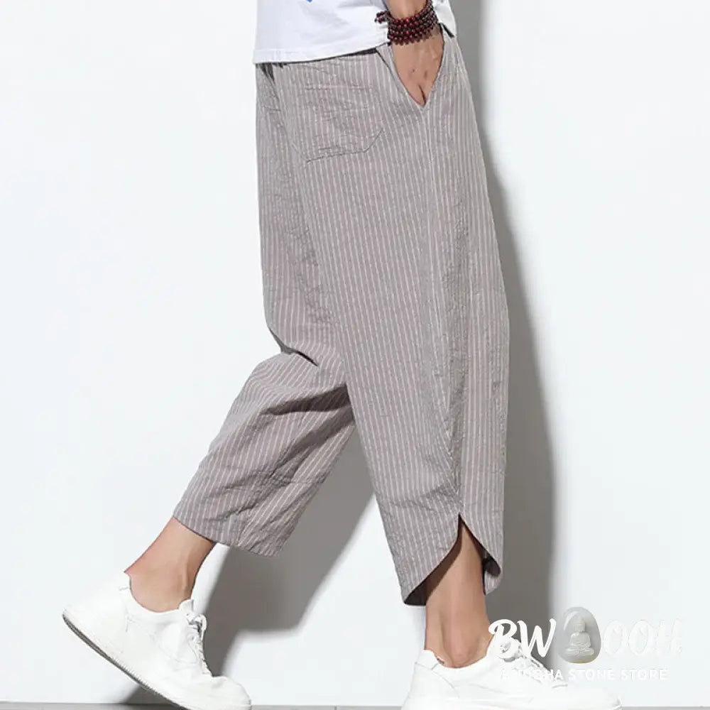Buddha Stones Summer Stripes Pattern Drawstring Cotton Linen Men’s 7-8 Length Harem Pants With Pockets - Men’s Tapered