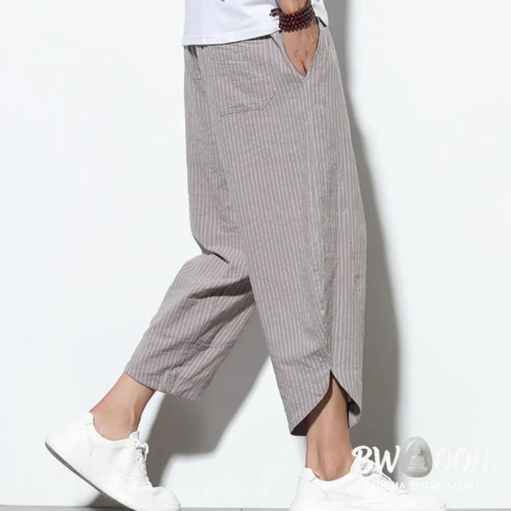 Buddha Stones Summer Stripes Pattern Drawstring Cotton Linen Men’s 7-8 Length Harem Pants With Pockets - Men’s Tapered