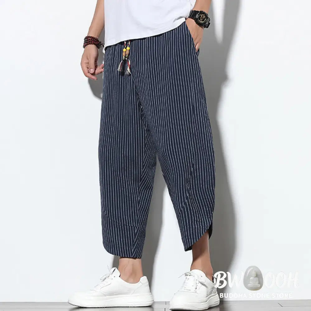 Buddha Stones Summer Stripes Pattern Drawstring Cotton Linen Men’s 7-8 Length Harem Pants With Pockets - Men’s Tapered
