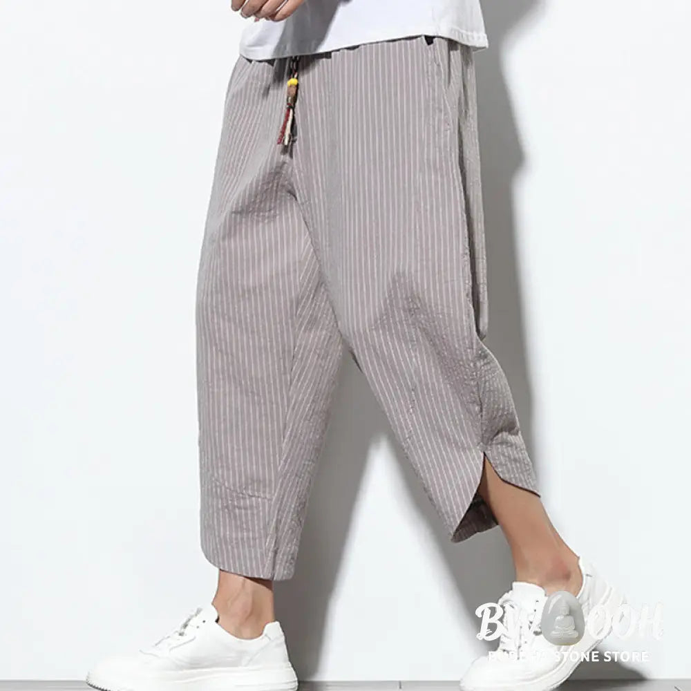 Buddha Stones Summer Stripes Pattern Drawstring Cotton Linen Men’s 7-8 Length Harem Pants With Pockets - Men’s Tapered