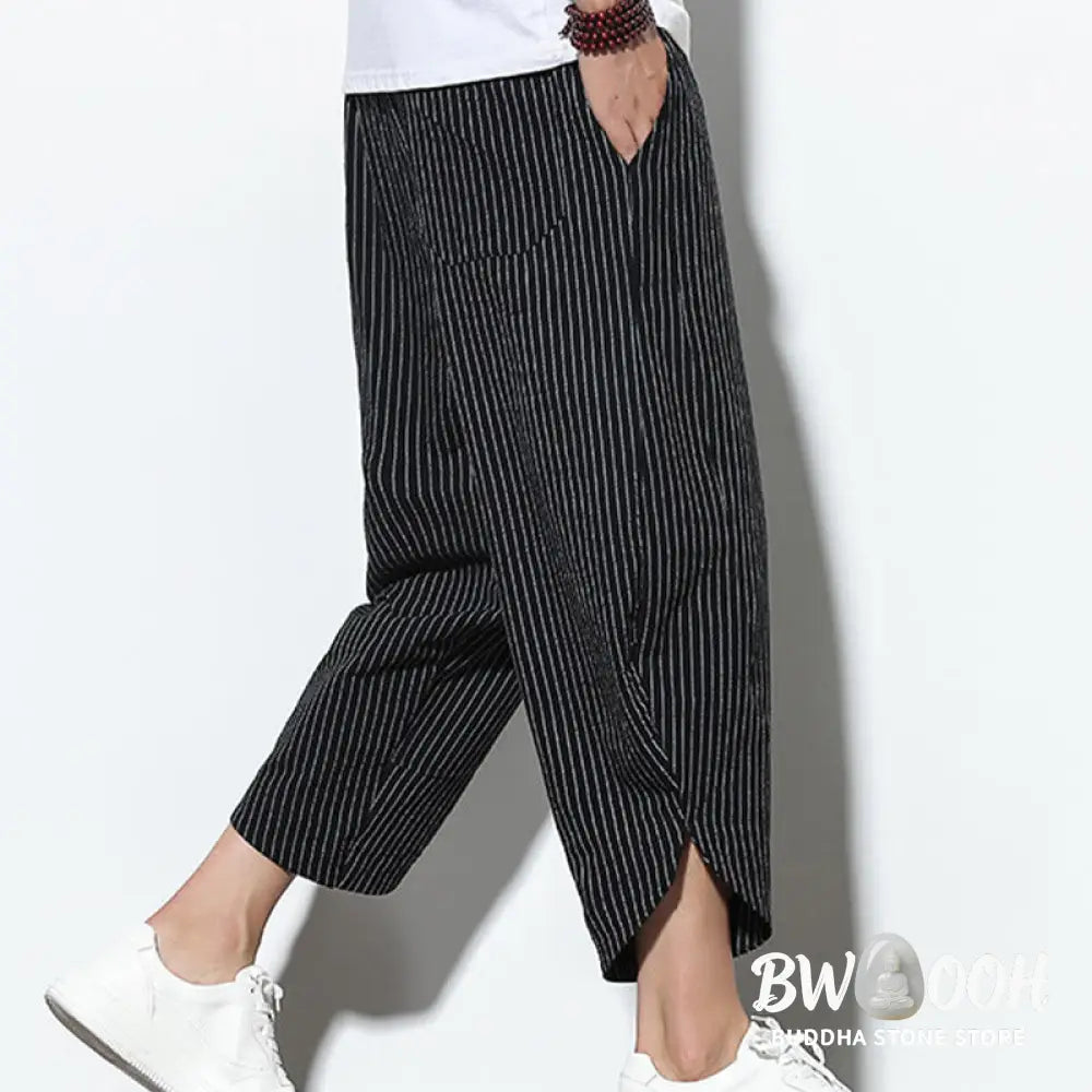 Buddha Stones Summer Stripes Pattern Drawstring Cotton Linen Men’s 7-8 Length Harem Pants With Pockets - Men’s Tapered