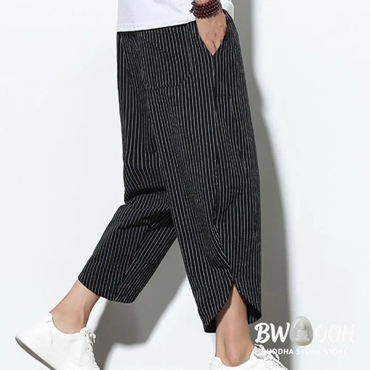 Buddha Stones Summer Stripes Pattern Drawstring Cotton Linen Men’s 7-8 Length Harem Pants With Pockets - Men’s Tapered
