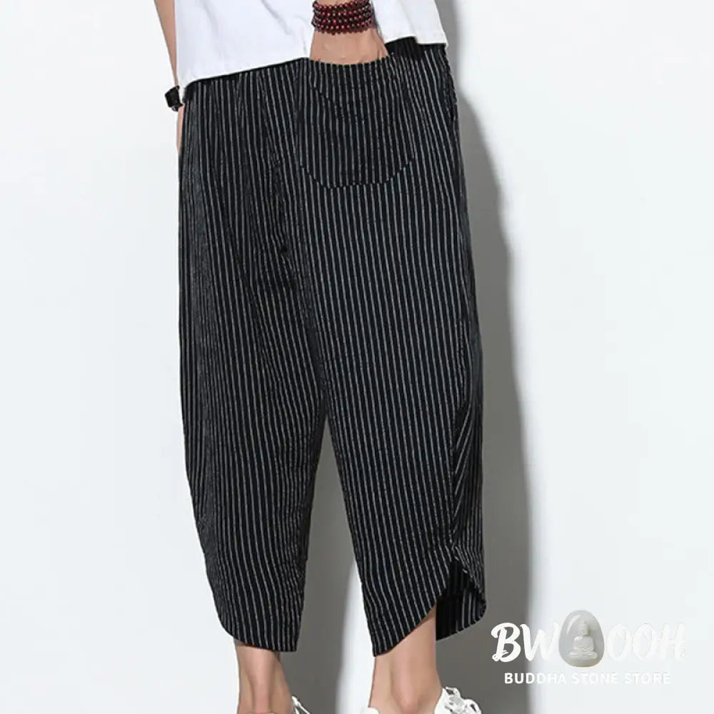 Buddha Stones Summer Stripes Pattern Drawstring Cotton Linen Men’s 7-8 Length Harem Pants With Pockets - Men’s Tapered