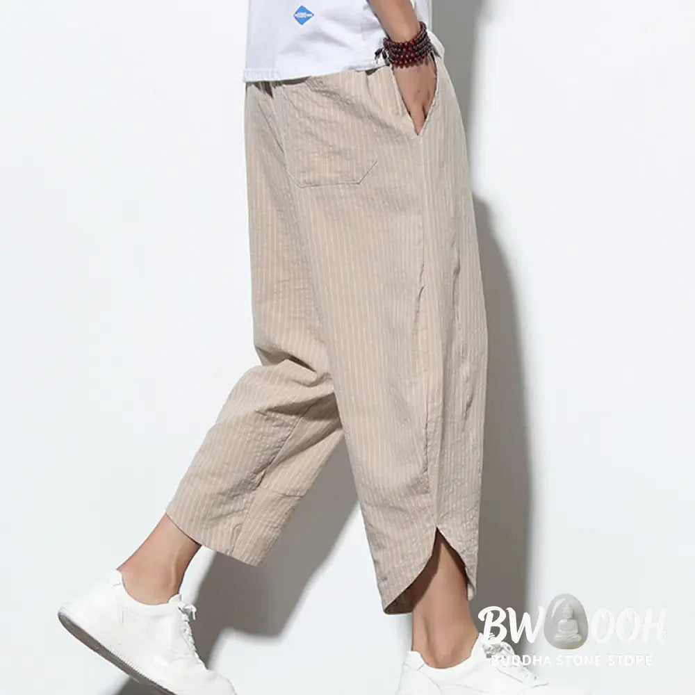 Buddha Stones Summer Stripes Pattern Drawstring Cotton Linen Men’s 7-8 Length Harem Pants With Pockets - Men’s Tapered