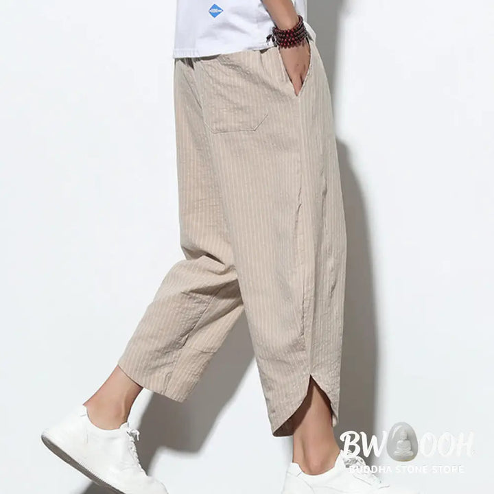 Buddha Stones Summer Stripes Pattern Drawstring Cotton Linen Men’s 7-8 Length Harem Pants With Pockets - Men’s Tapered