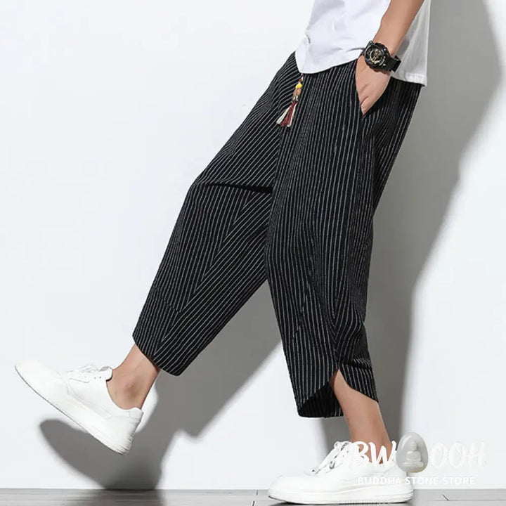 Buddha Stones Summer Stripes Pattern Drawstring Cotton Linen Men’s 7-8 Length Harem Pants With Pockets - Men’s Tapered