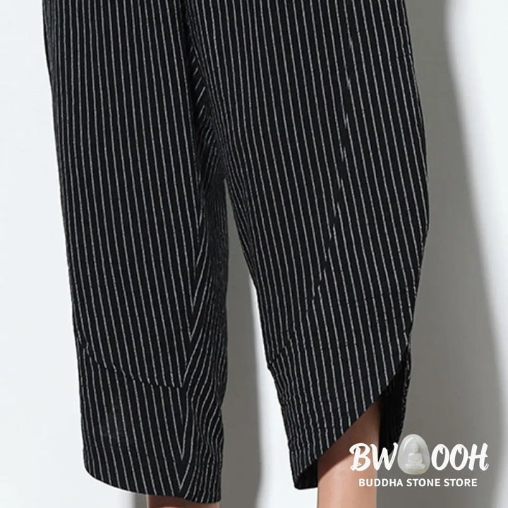 Buddha Stones Summer Stripes Pattern Drawstring Cotton Linen Men’s 7-8 Length Harem Pants With Pockets - Men’s Tapered