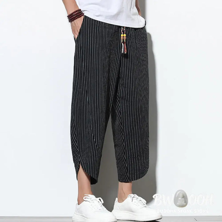 Buddha Stones Summer Stripes Pattern Drawstring Cotton Linen Men’s 7-8 Length Harem Pants With Pockets - Men’s Tapered