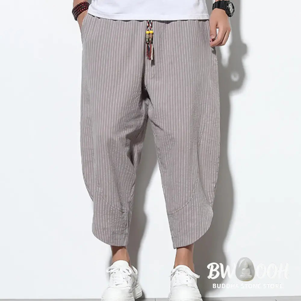 Buddha Stones Summer Stripes Pattern Drawstring Cotton Linen Men’s 7-8 Length Harem Pants With Pockets - Men’s Tapered