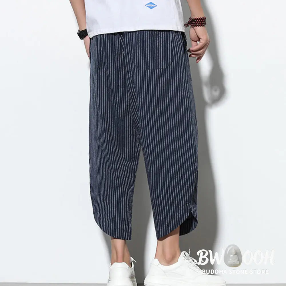 Buddha Stones Summer Stripes Pattern Drawstring Cotton Linen Men’s 7-8 Length Harem Pants With Pockets - Men’s Tapered
