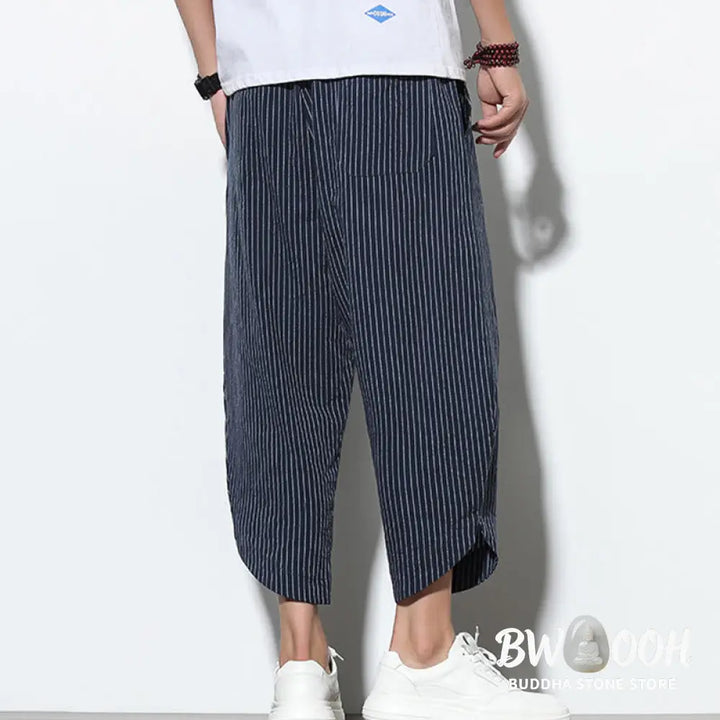Buddha Stones Summer Stripes Pattern Drawstring Cotton Linen Men’s 7-8 Length Harem Pants With Pockets - Men’s Tapered