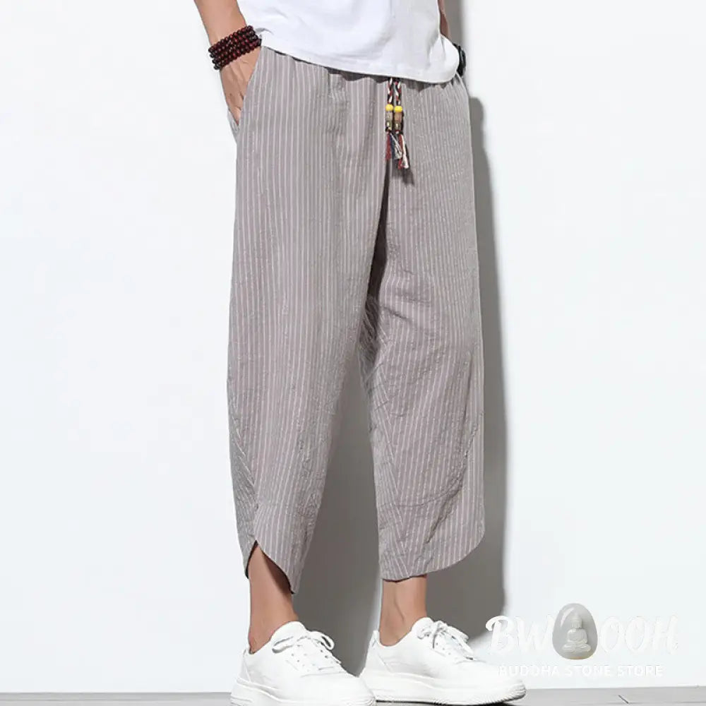 Buddha Stones Summer Stripes Pattern Drawstring Cotton Linen Men’s 7-8 Length Harem Pants With Pockets - Men’s Tapered