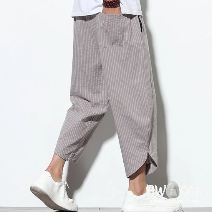 Buddha Stones Summer Stripes Pattern Drawstring Cotton Linen Men’s 7-8 Length Harem Pants With Pockets - Men’s Tapered
