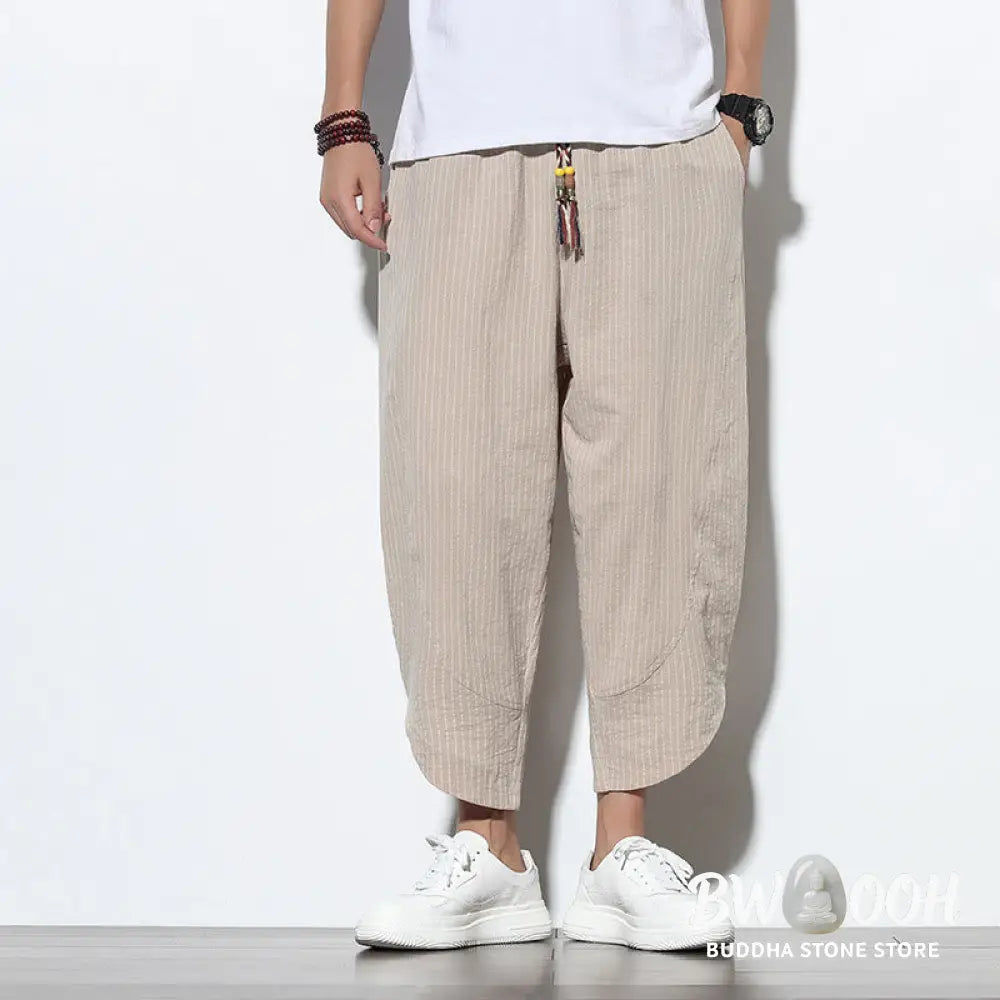 Buddha Stones Summer Stripes Pattern Drawstring Cotton Linen Men’s 7-8 Length Harem Pants With Pockets - Men’s Tapered