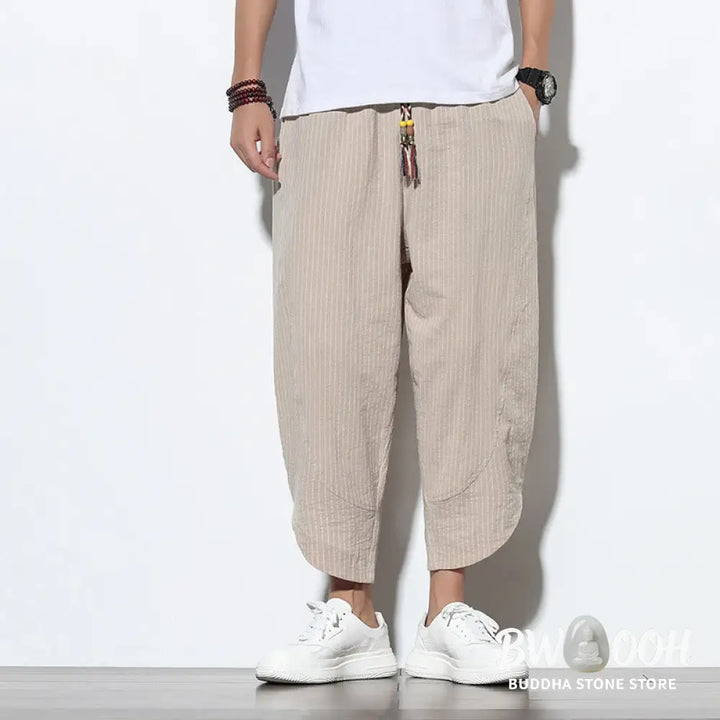 Buddha Stones Summer Stripes Pattern Drawstring Cotton Linen Men’s 7-8 Length Harem Pants With Pockets - Men’s Tapered