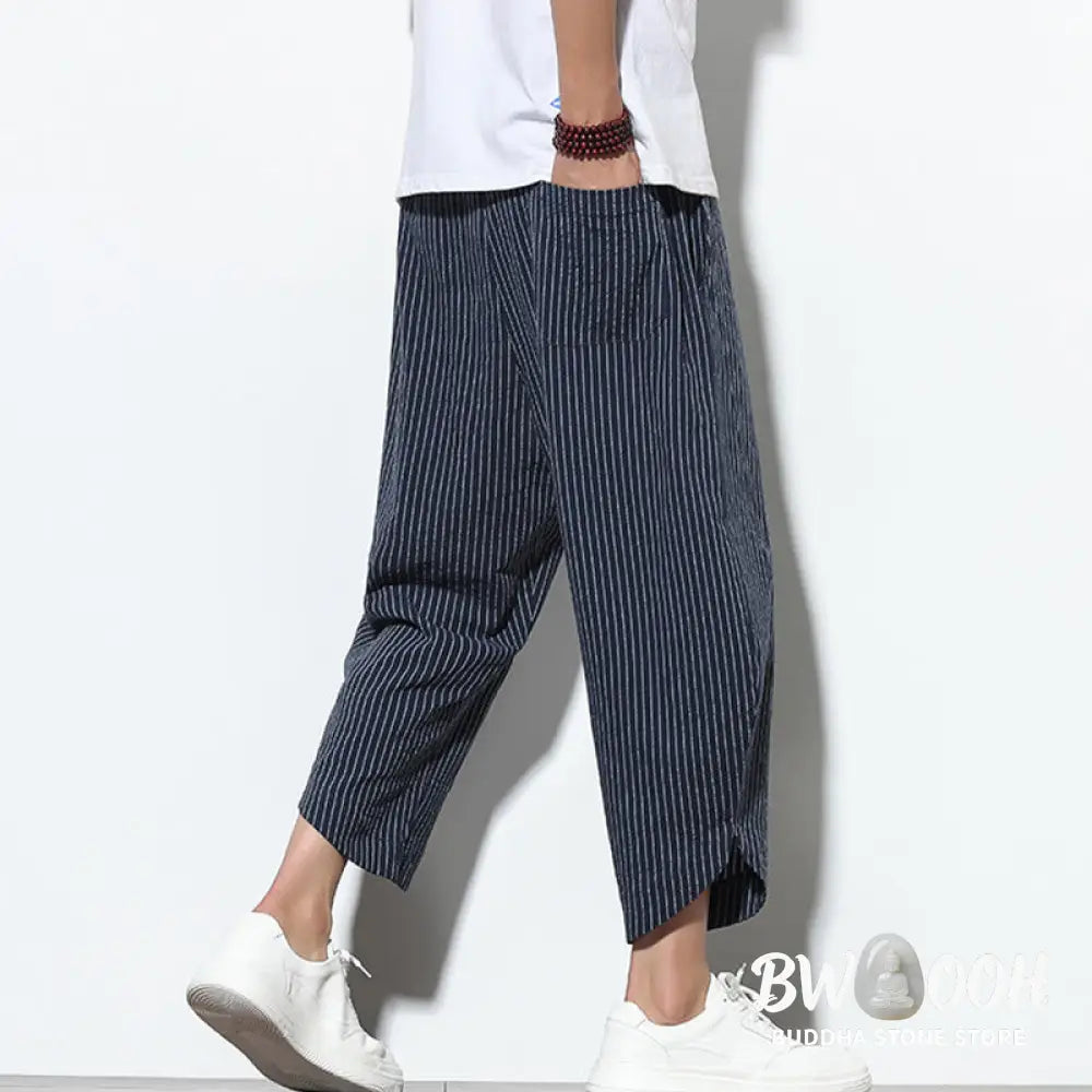 Buddha Stones Summer Stripes Pattern Drawstring Cotton Linen Men’s 7-8 Length Harem Pants With Pockets - Men’s Tapered
