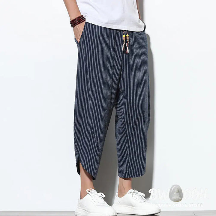 Buddha Stones Summer Stripes Pattern Drawstring Cotton Linen Men’s 7-8 Length Harem Pants With Pockets - Men’s Tapered
