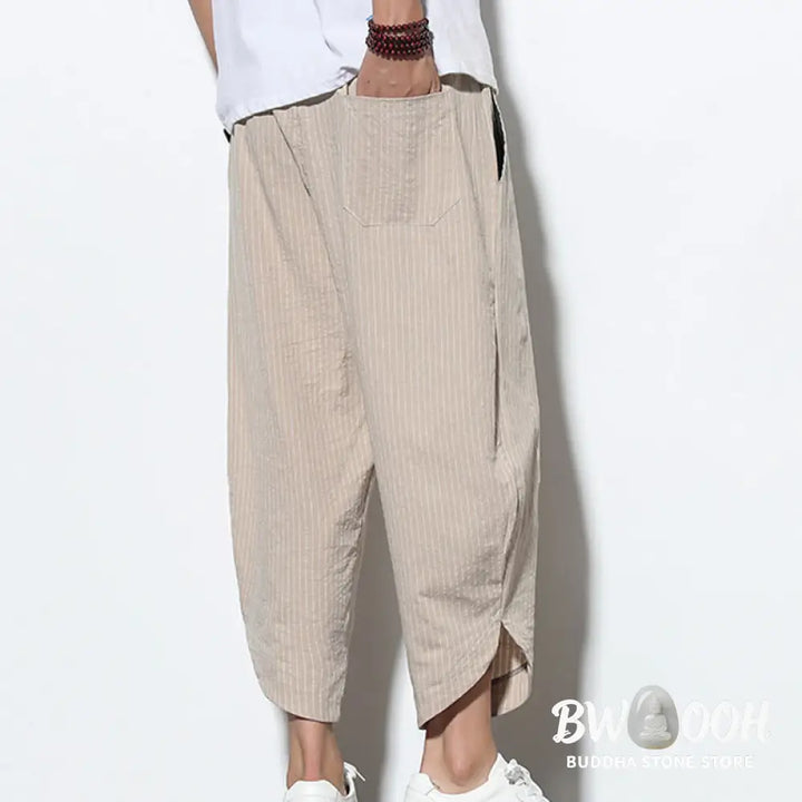 Buddha Stones Summer Stripes Pattern Drawstring Cotton Linen Men’s 7-8 Length Harem Pants With Pockets - Men’s Tapered
