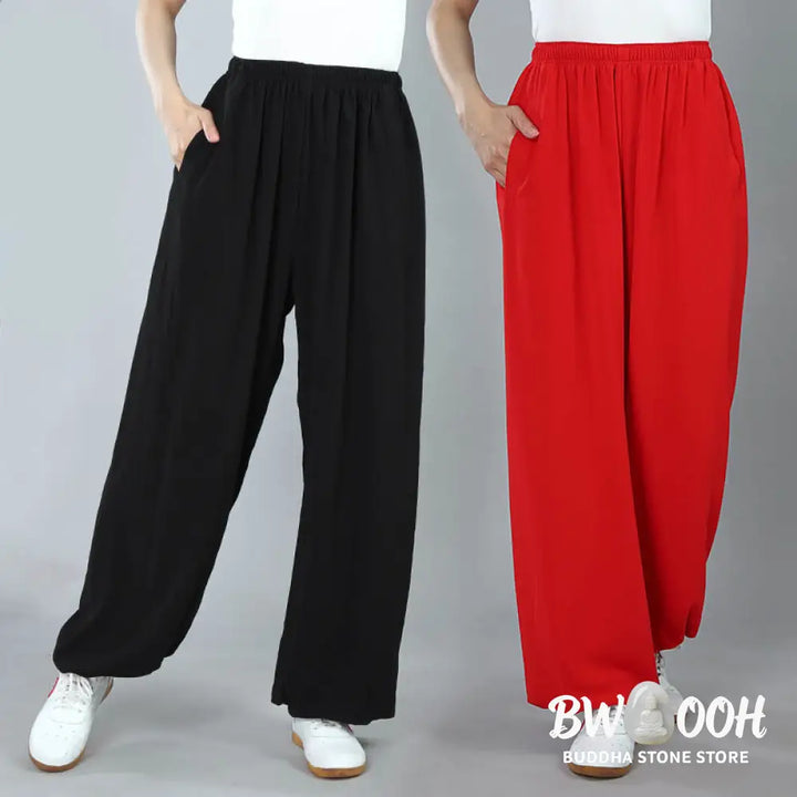 Buddha Stones Summer Unisex Elastic Waist Tai Chi Kung Fu Qigong Practice Cotton Breathable Pants With Pockets - Unisex