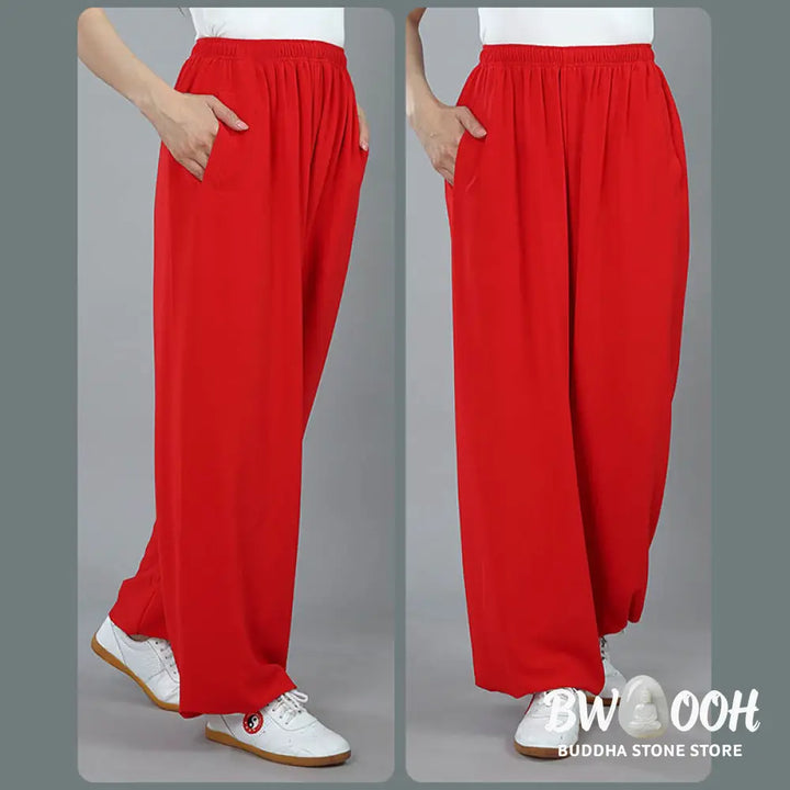 Buddha Stones Summer Unisex Elastic Waist Tai Chi Kung Fu Qigong Practice Cotton Breathable Pants With Pockets - Unisex