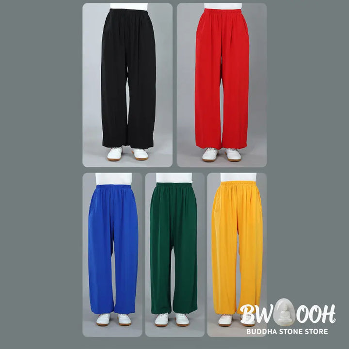 Buddha Stones Summer Unisex Elastic Waist Tai Chi Kung Fu Qigong Practice Cotton Breathable Pants With Pockets - Unisex
