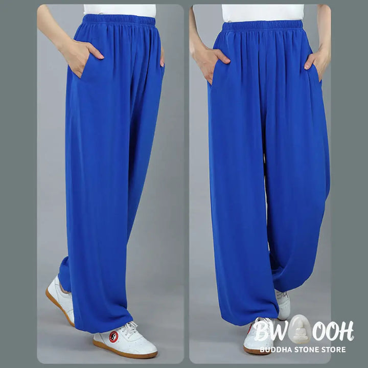 Buddha Stones Summer Unisex Elastic Waist Tai Chi Kung Fu Qigong Practice Cotton Breathable Pants With Pockets - Unisex