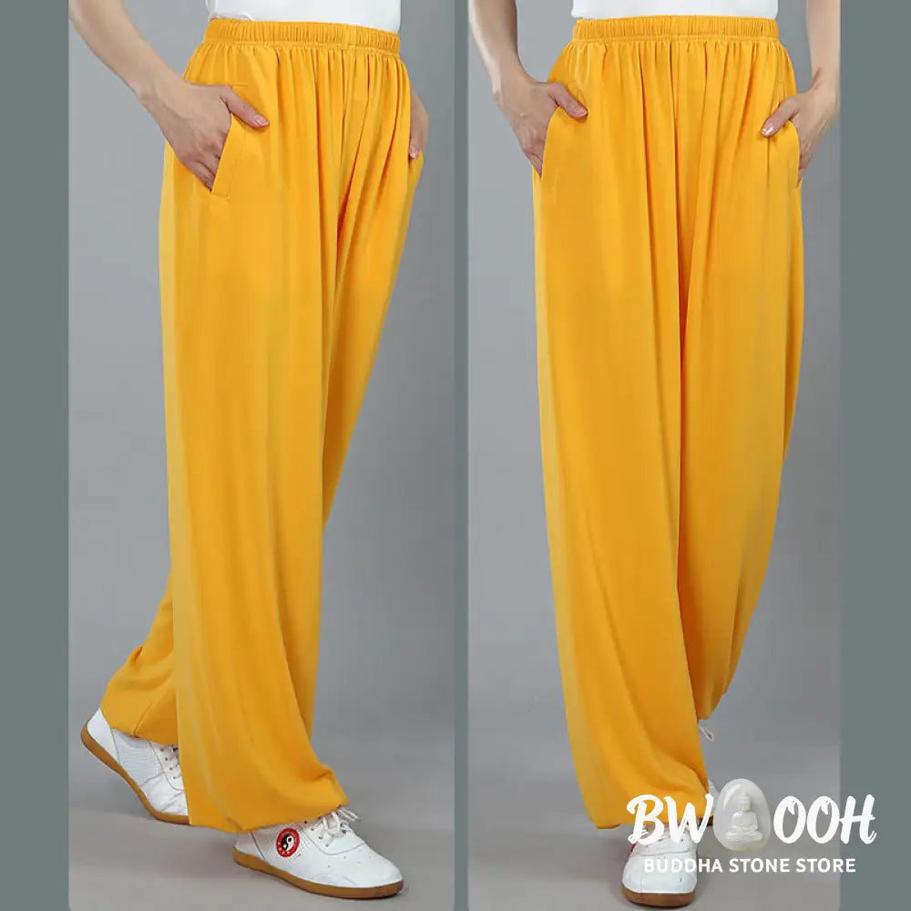 Buddha Stones Summer Unisex Elastic Waist Tai Chi Kung Fu Qigong Practice Cotton Breathable Pants With Pockets - Unisex