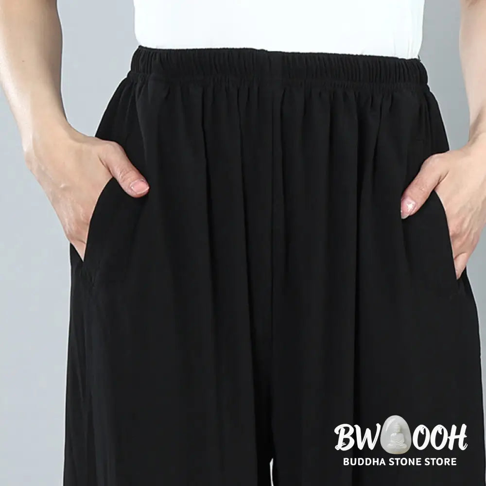 Buddha Stones Summer Unisex Elastic Waist Tai Chi Kung Fu Qigong Practice Cotton Breathable Pants With Pockets - Unisex