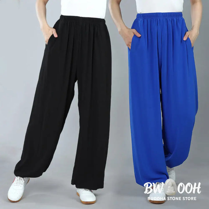 Buddha Stones Summer Unisex Elastic Waist Tai Chi Kung Fu Qigong Practice Cotton Breathable Pants With Pockets - Unisex