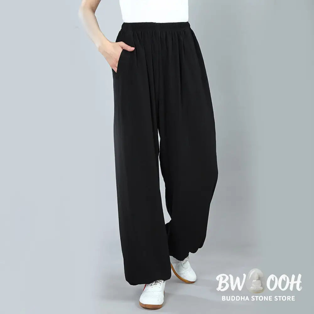 Buddha Stones Summer Unisex Elastic Waist Tai Chi Kung Fu Qigong Practice Cotton Breathable Pants With Pockets - Unisex