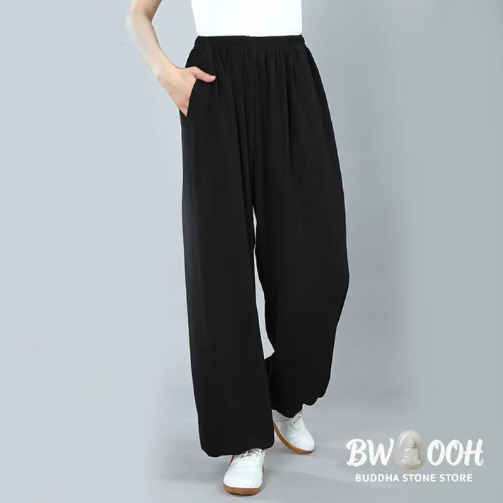 Buddha Stones Summer Unisex Elastic Waist Tai Chi Kung Fu Qigong Practice Cotton Breathable Pants With Pockets - Unisex