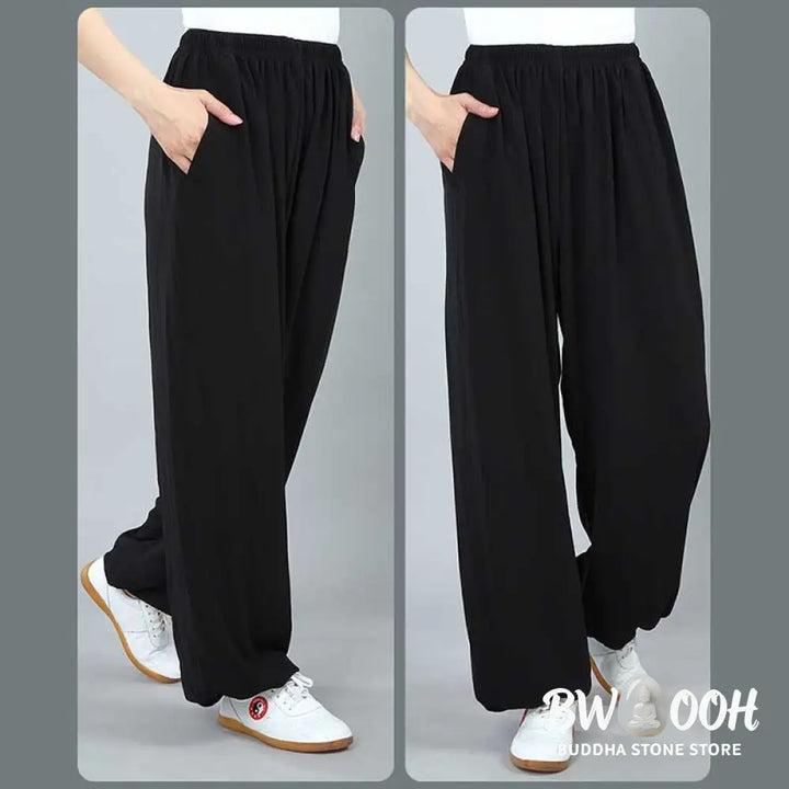 Buddha Stones Summer Unisex Elastic Waist Tai Chi Kung Fu Qigong Practice Cotton Breathable Pants With Pockets - Unisex