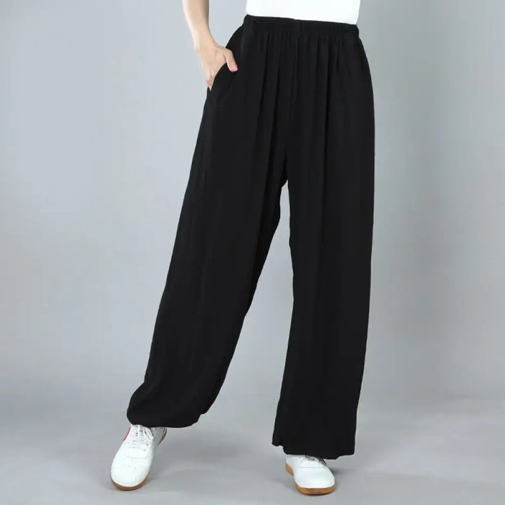 Buddha Stones Summer Unisex Elastic Waist Tai Chi Kung Fu Qigong Practice Cotton Breathable Pants With Pockets - Black