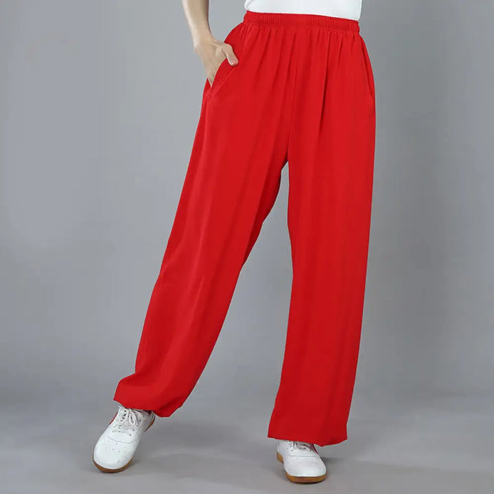 Buddha Stones Summer Unisex Elastic Waist Tai Chi Kung Fu Qigong Practice Cotton Breathable Pants With Pockets - Red