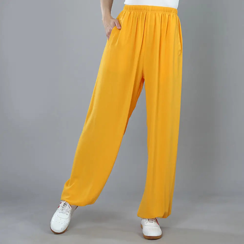 Buddha Stones Summer Unisex Elastic Waist Tai Chi Kung Fu Qigong Practice Cotton Breathable Pants With Pockets - Yellow