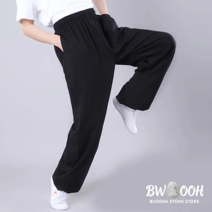 Buddha Stones Summer Unisex Elastic Waist Tai Chi Qigong Practice Breathable Cotton Linen Pants With Pockets - Unisex